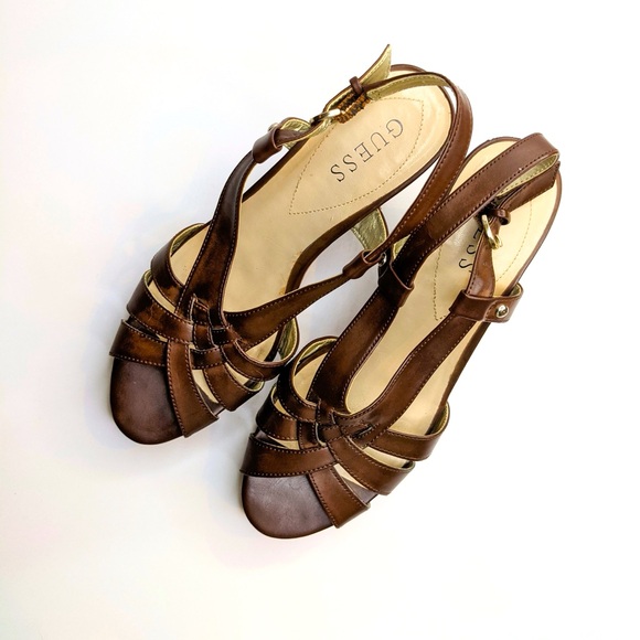 Guess Brown Strappy Cork Wedges Womens 7.5 Vegan Leather Platform Sandals - Picture 2 of 6
